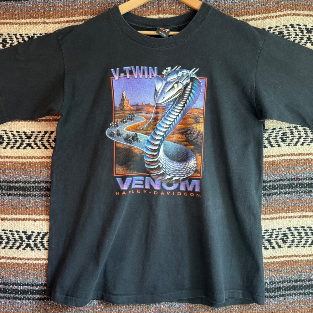 Vintage Harley Davidson V-Twin Venom Snake T-Shirt Large Black Durham NC 1995